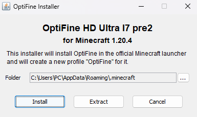 Optifine Kurulum Ekranı